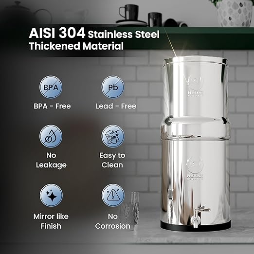 2.25 Gallons NSF Certified AISI 304 Stainless Steel Water Filter with 2 Smart Carbon (Black) Filters, 2 POSTreat Steel Fluoride Removal Elements, Free Water Spigot & Teak Wood Stand