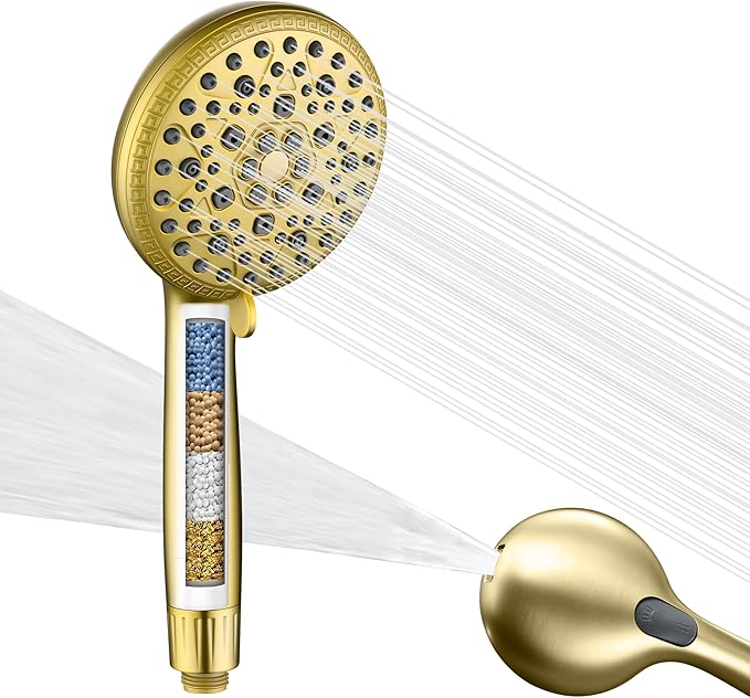SUMERAIN Filtered Shower Head with Hard Water Filter - 9-Spray FOF ScaleBlock & Vitamin C Skin Care, 3-Month Cartridge for California/Texas/Illinois, Brushed Gold
