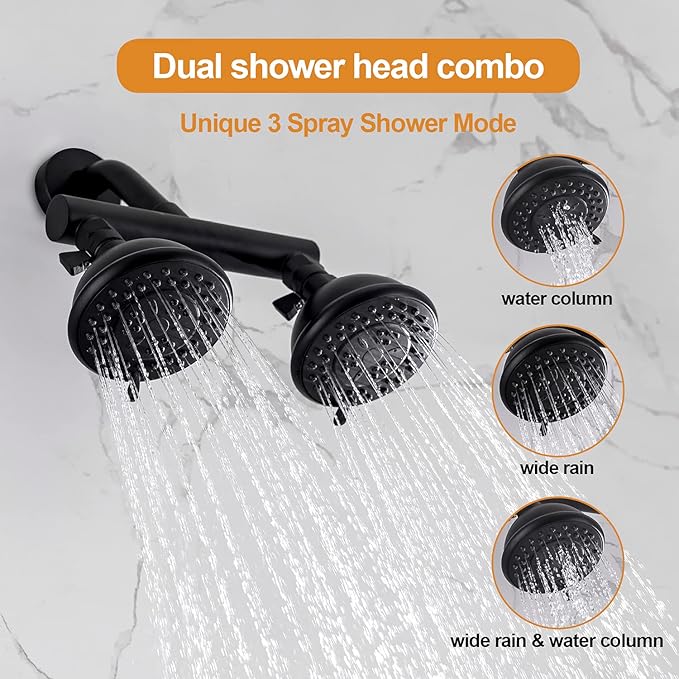 High Pressure Double Shower Head with Shut-Off Valve and Shower Arm Set Solid Brass Casting Dual Outlet Manifold Dual Shower Fixed Head 3 Function Shower Heads Sprayers, Matte Black
