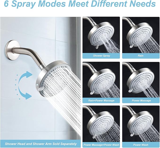 OFFO Shower Head, High Pressure Shower Head with 6 Mode, Fixed Showerheads for Strong Water Flow & Relaxing Shower Experience, Brushed Nickel