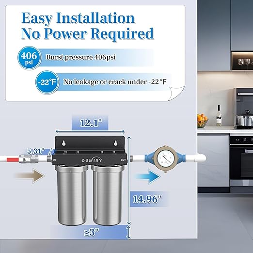 Whole House Water Filter, Stainless Steel Filter Housing, 2-Stage 10"x4.5" Sediment Carbon Filter Pre-Filtration System for Well or City Water, 1" or 3/4" NPT Port, 2 Filters