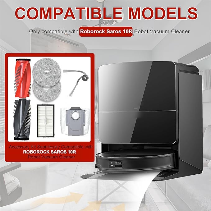 Accessories Replacement Parts Compatible with Roborock Saros 10R Robot Vacuum Cleaner, 4 Rubber Main Brush, 6 Filters, 6 Dust Bags, 8 Mop Pads, 6 Side Brushes