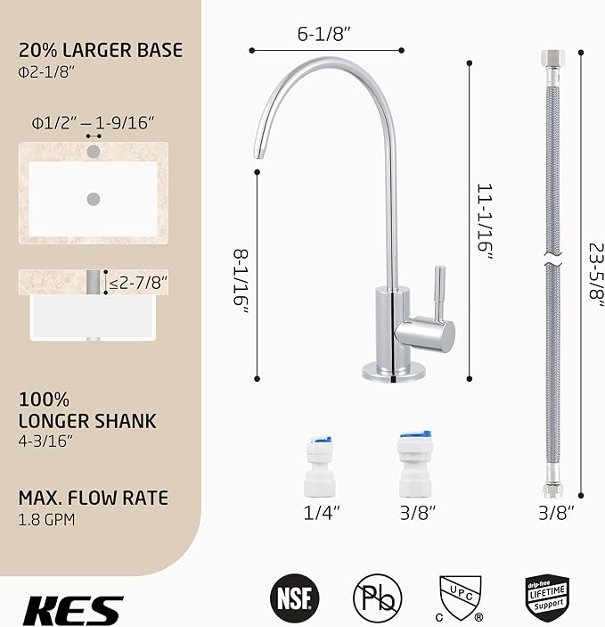KES Water Filter Faucet for Kitchen Sink Reverse Osmosis Faucet Non-Air-Gap Drinking Water Faucet SUS304 Stainless Steel Polished Chrome, Z504CLFF18-CH