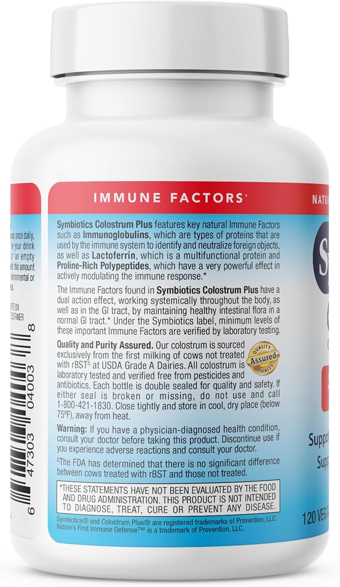 Symbiotics Colostrum 120ct Vegetable Capsules - Immunity Support - Lactoferrin Supplement & Colostrum Protein with Immunoglobulin - 25% lgG Antibodies - Gluten Free