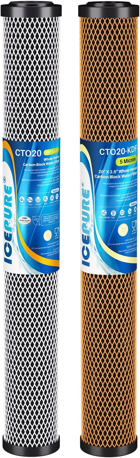ICEPURE 20" x 2.5" Whole House CTO Carbon Water Filter Cartridge, 2-Stage Activated Carbon Block and KDF Heavy Metal Removal Filter Combo Kit Replacement for 20 Inch Water Filter System, 1 Pack