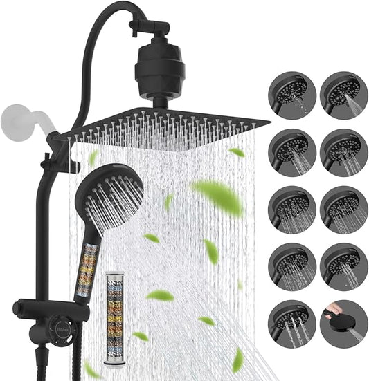 Hibbent Dual Filter All Metal 10"Rainfall Showerhead Combo, High Pressure Filter Shower Head with 10-Spray Mode Handheld, Innovative 4-way Diverter with Pause Mode, 71'' Shower Hose and Holder, Black