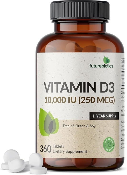 Futurebiotics Vitamin D3 10,000iu (250mcg) 360 Day Supply for Healthy Muscle Function and Immune Support, Non-GMO, 360 Tablets