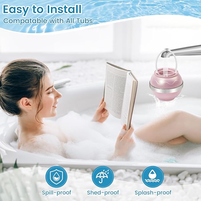 Bath Filter for Tub,Bath Water Filter for Softer Hair&Skin, 8 Stage Filtration Bathtub Water Filter 2,500 Gallons, 6 Dimensional Effect，BPA Free Easy to Install for Home, Hotels&Spa（Light Pink）