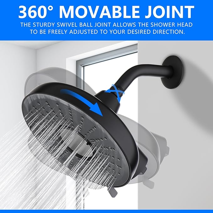 Filtered Shower head,8-Inch High Pressure Rainfall Showerhead, 360°Adjustable Swivel,3 Spray Patterns,15 Stage Shower Filter Combo（Black）