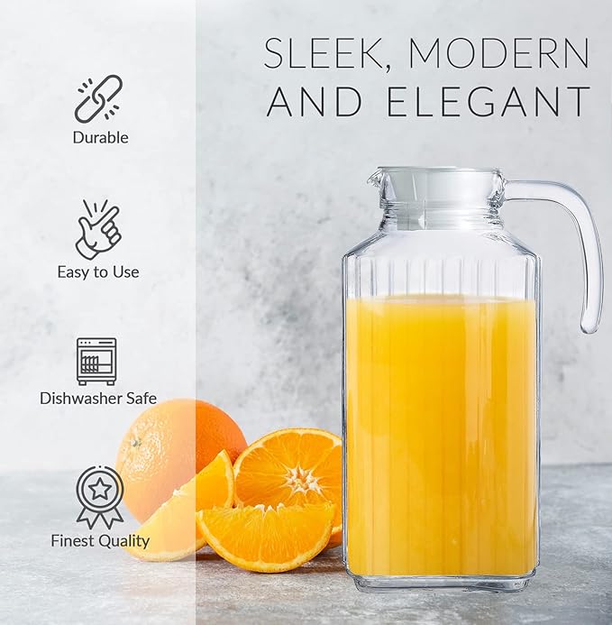 Glass Pitcher with Lid – Set of 2 Glass Water Pitcher 55Oz – Cold Carafe for Ice Tea, Water, Lemonade, Coffee – Elegant and Modern – Practical Spout Pitchers for Drinks