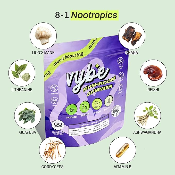 Vybe Daily Nootropic Gummies – 8-in-1 Mushroom & Adaptogen Brain Supplement for Focus, Energy, and Mood with Lion's Mane, Cordyceps, Reishi, Chaga, Ashwagandha (Blueberry, 60-Count)