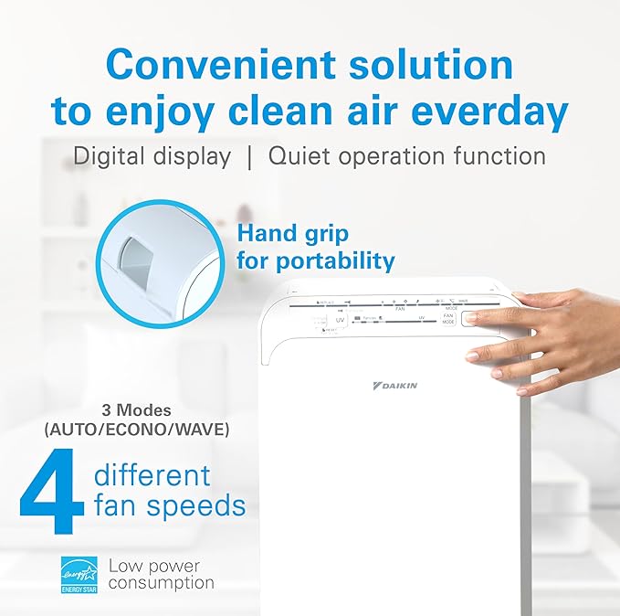 Daikin MCB50YSAU Room Air Purifier for Home, HEPA, Activated Carbon, Pre-Filter and UVC LED Light, Zero Ozone Product, CARB Certified, 10.5 x 10.5 x 19.5 in