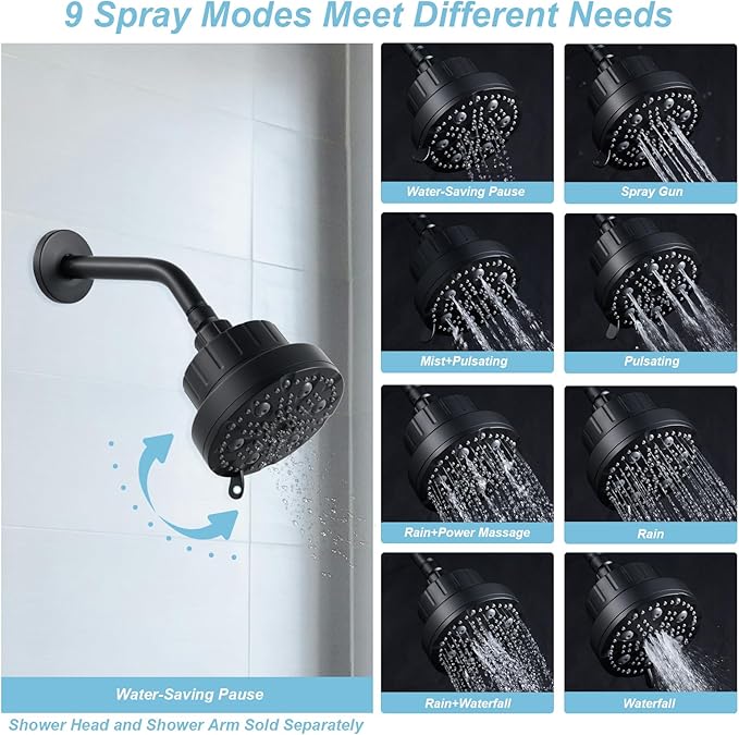 OFFO Filtered Shower Head, 20 Stage Shower Filter Head for Hard Water with Pause Mode, 9 Modes High Pressure Shower Head with Filter for Remove Chlorine and Harmful, Matte Black