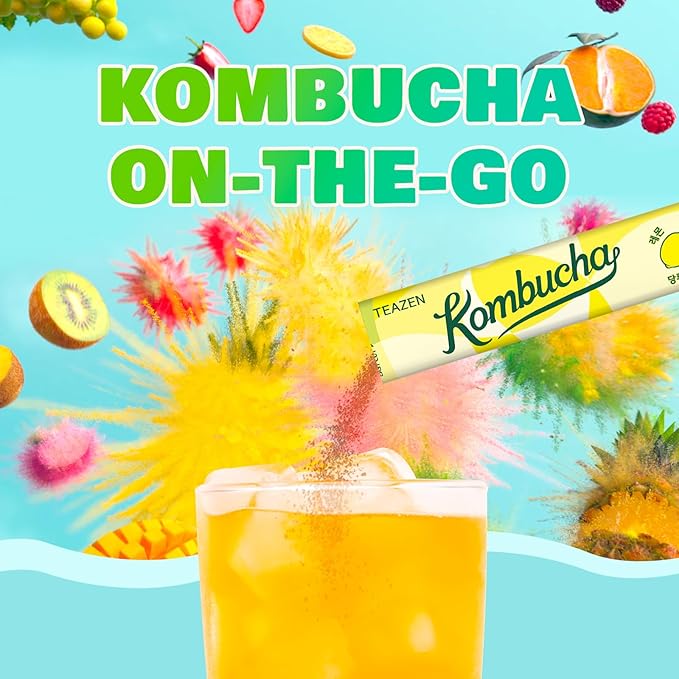 TEAZEN Kombucha Tea Tropical Zest Hydration Variety Pack - 20 Sticks, 5 Flavor (Lemon, Pineapple, Korean Plum, Shine Muscat, Green Mandarin-Lime)