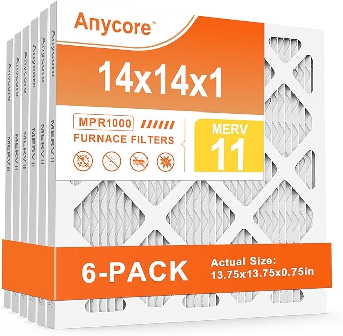 14x14x1 Air Filter 6-Pack MERV 11 MPR 1000 FPR 7 AC HVAC Furnace Pleated Filters for Home Office (Actual Size: 13.75x13.75x0.75 inch)