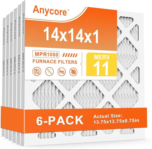 14x14x1 Air Filter 6-Pack MERV 11 MPR 1000 FPR 7 AC HVAC Furnace Pleated Filters for Home Office (Actual Size: 13.75x13.75x0.75 inch)