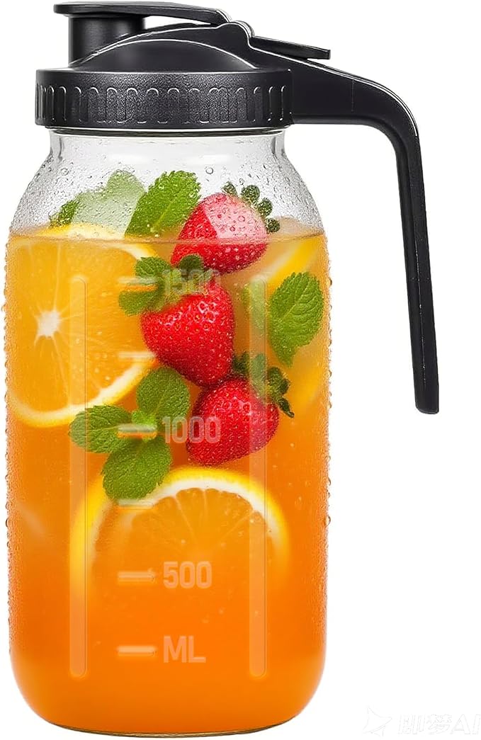 2 Quart Wide Mouth Glass Pitcher with Lid, 64oz Mason Jar Pitcher, Leak-proof Iced Tea Pitcher,Heavy Duty Container for Fridge Sweet Tea,Juice,Cold Brew Coffee,Breastmilk Storage Drinks-1PACK/Black