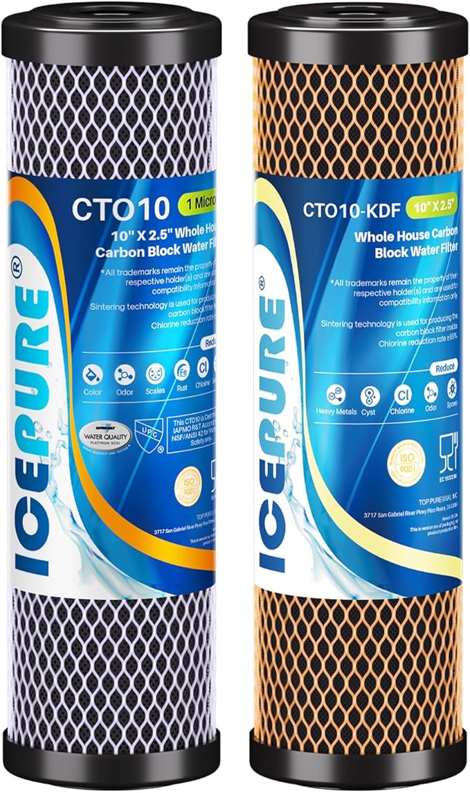 ICEPURE 2-Stage 1 Micron 2.5" x 10" Whole House Water Filter Cartridge Kit with Activated Carbon Block Filter and KDF, Replacement for WFPFC8002, WFPFC9001, SCWH-5, WHCF-WHWC, FXWTC, CBC-10, 1 PACK