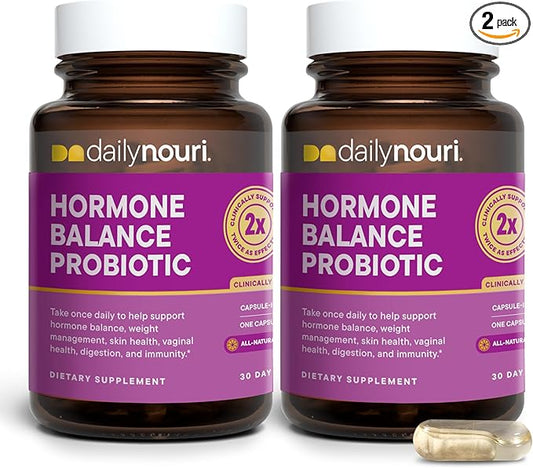 Daily Nouri Hormone Balance Probiotic for Women | Supports Healthy Estrogen, PMS, PCOS, Perimenopause, Vaginal pH, Yeast, Gut Health, Skin & Immunity | 7 Strains + Vegan Omega Oil | 30-Day Supply