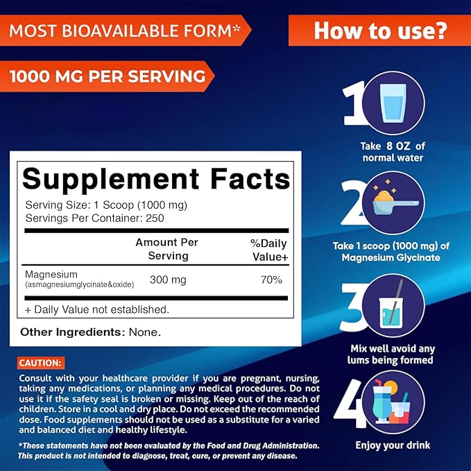 Vitamatic Magnesium Glycinate 1000mg per Serving Supports Muscle, Joint, and Heart Health 250 Grams - 250 Servings