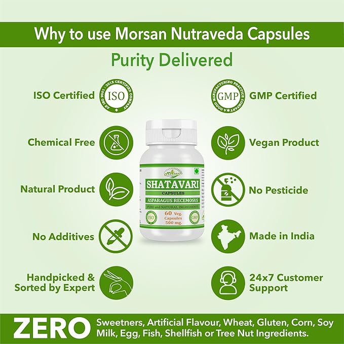 Morsan Nutraveda’s Shatavari (Asparagus Racemosus) Capsule | 10:1 Highest Potency Extract | 100% Natural Product | Combo Pack of 2 x 60 x 500 mg. Veg. Capsules