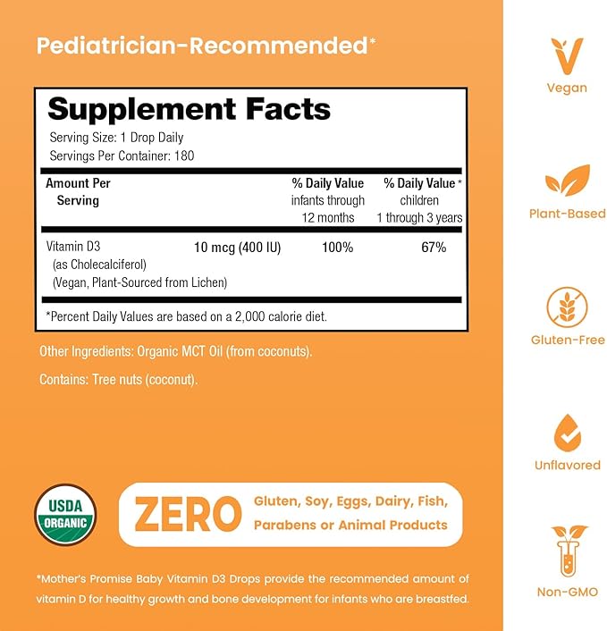 Mother's Promise Organic Baby Vitamin D Drops | 100% Plant Based | Healthy Growth & Bone Development | Age Newborn+ | 180 Servings | Baby Vitamin D3 Liquid for Infants & Toddlers | 400 IU for Babies