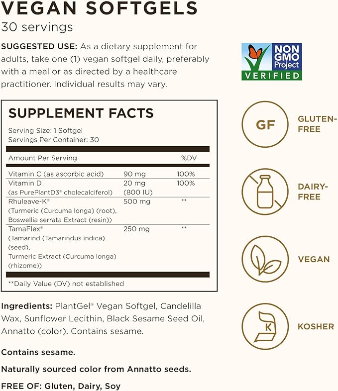 Solgar Joint Ease Supplement for Joint Health and Flexibility, Boswellia and Turmeric Extracts, Vitamins D and C, Vegan, Age-Defying Nutrition for Men and Women, Gluten-Free, 30 Servings