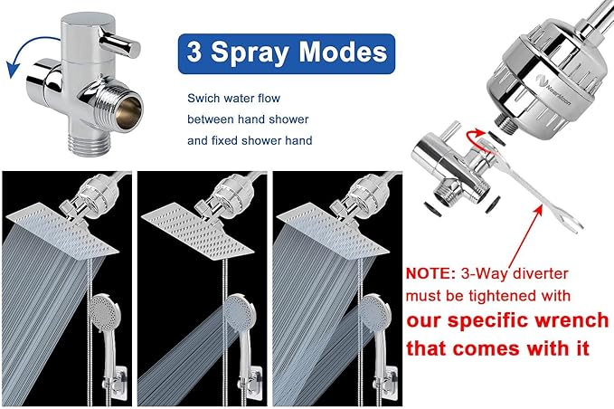 NearMoon Filtered Shower Head, High Pressure 8″Square, 5 settings Handheld Rain Shower Filter Combo with Self-adhesive Holder/1.5M Hose -1 Replaceable Filter Cartridge (Chrome Finish)