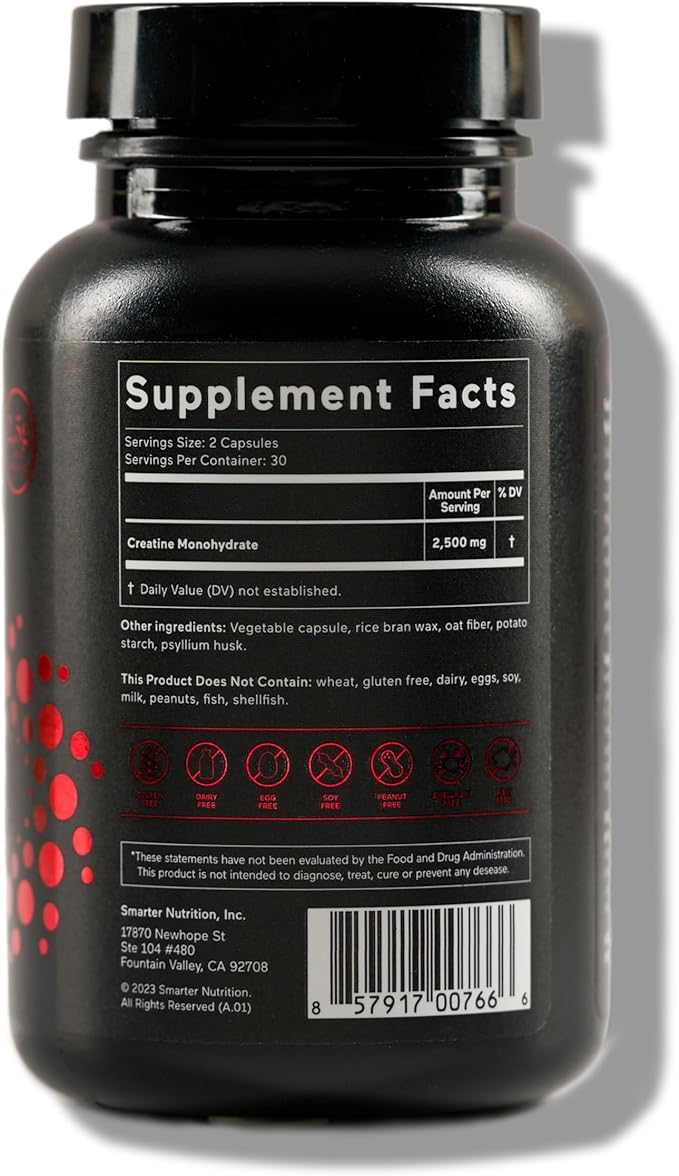 SMARTERNUTRITION Creatine Monohydrate Pills with 2500mg (2.5g) Per Serving, Vegan Capsules - Pre & Post Workout Recovery Support, Promotes Muscle Mass &. Endurance - 60 Count[30-Day Supply]
