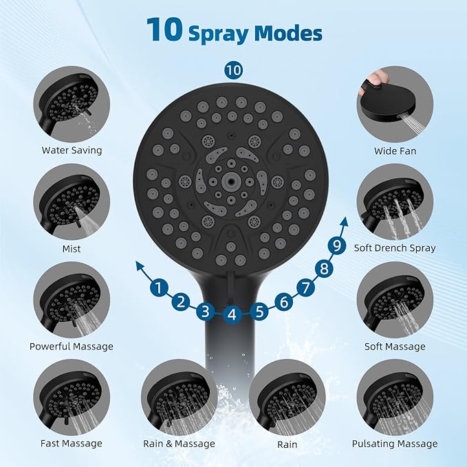 Hibbent All Metal Shower Head, 8'' High Pressure Rain Shower Head/Handheld Showerhead Combo with 16'' Adjustable Arc-shaped Extension Arm, 10 Sprays, 71'' Hose, Showerhead Holder, Matte Black