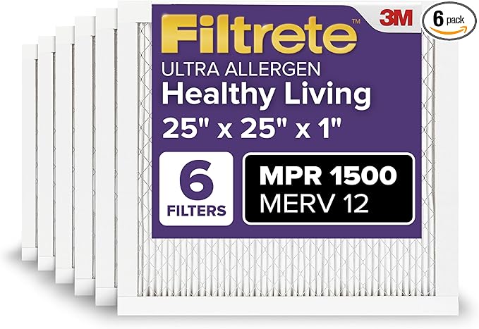Filtrete 25x25x1 AC Furnace Air Filter, MERV 12, MPR 1500, CERTIFIED asthma & allergy friendly, 3 Month Pleated 1-Inch Electrostatic Air Cleaning Filter, 6-Pack (Actual Size 24.81x24.81x0.78 in)