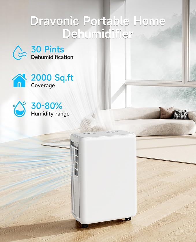 2000 Sq. Ft Dehumidifier for Basement, 30 Pint Dehumidifiers for Home, Bedroom and Bathroom, 3 Modes Dehumidifier with Drain Hose, Smart Humidity Control, 24H Timer (Off-White)