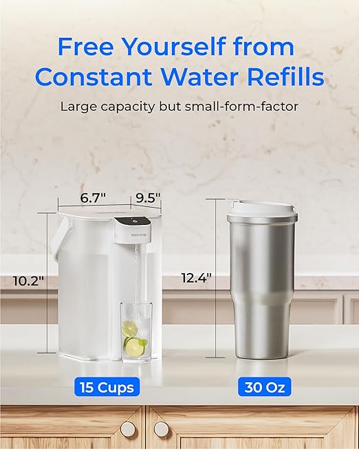 Waterdrop Rechargeable Water Filter Dispenser, 200-Gallon Water Pitcher, Instant 15-Cup Countertop System, 10X Filtration Efficiency, Reduce 98% Chlorine and 20+ Contaminants, White