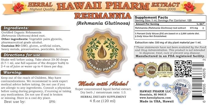 HawaiiPharm Rehmannia Liquid Extract, Organic Rehmannia (Rehmania Glutinosa) Tincture, Herbal Supplement, Made in USA, 2 fl.oz