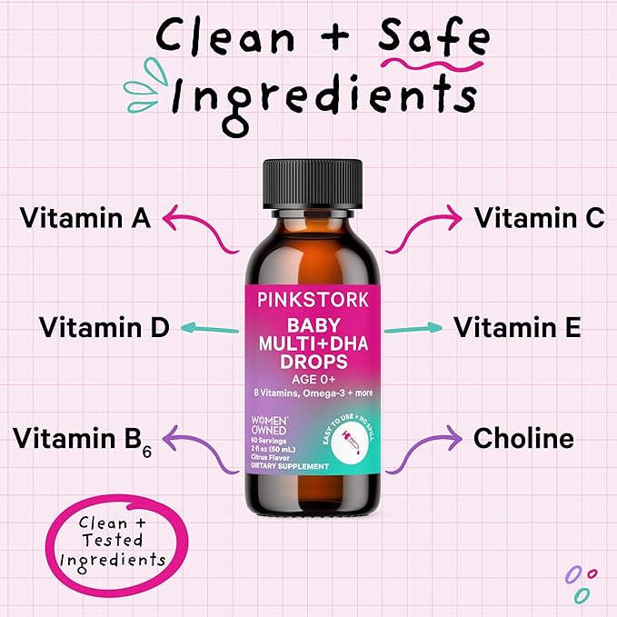 Pink Stork Baby Liquid Multivitamin Drops, Baby & Toddler Vitamin Drops with DHA, Vitamin C, D, B12 and Choline to Support Brain Health and Immune Function - 2 fl oz, 2 Month Supply
