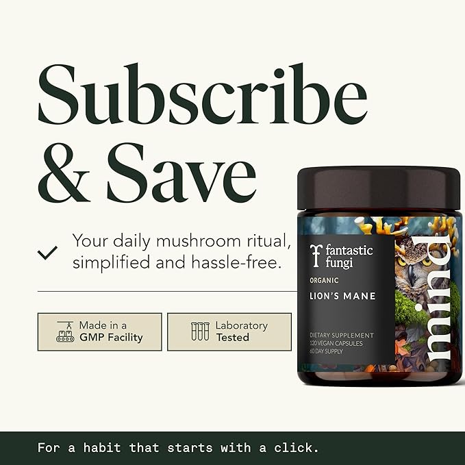 Lions Mane Supplement Capsules, Lion's Mane Mushroom Supplement for Memory, Focus & Mood support, Adaptogen Functional Mushrooms Extract - 100% USDA Organic, Vegan- Glass Jar, 120 Caps, 2 Month Supply