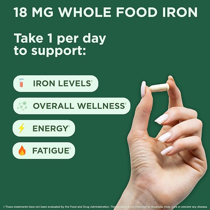 Yuve 100% Vegan Whole Food Chelated Iron Supplement 18mg – Tasteless, Non-Constipating, Gentle on Stomach, Energy Support – Gluten-Free, Non-GMO, 60 Capsules