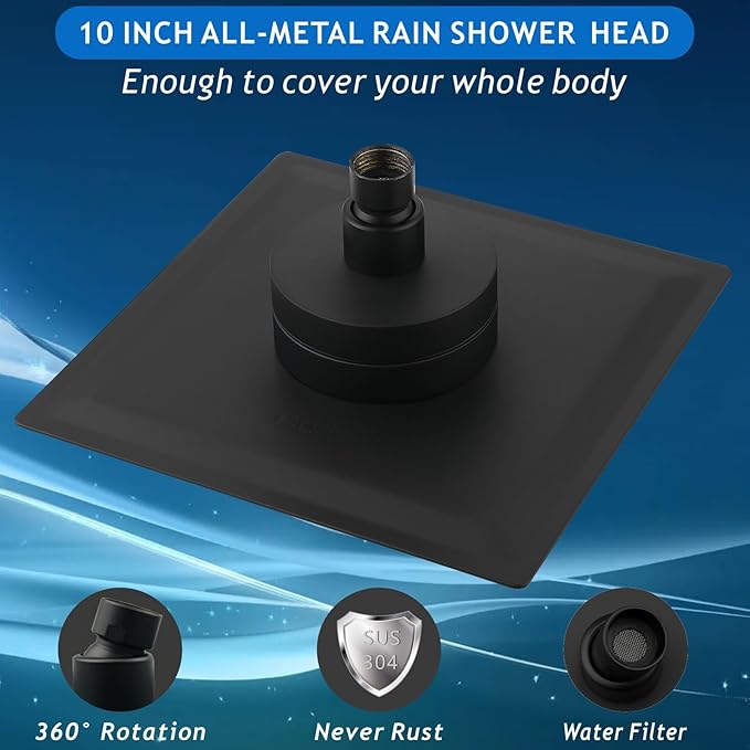 Voolan Rain Shower Head with Filtered - High Flow Large Rainfall Shower Heads Made of Stainless Steel - Waterfall Showerhead Filter For Hard Water(10" Matte Black)