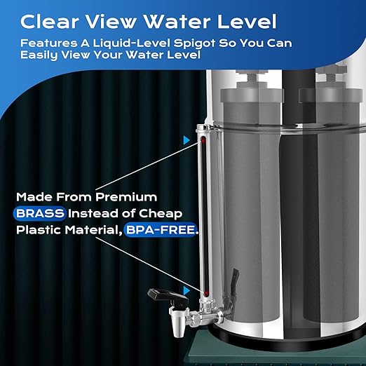Gravity-fed Water Filter System, NSF/ANSI 372 Certification, 304 Stainless Steel Water Purifier System with Sight Glass Spigot, 2 Water Filters and Stand, Refreshing Water at Home, Camping,2.25 Gallon