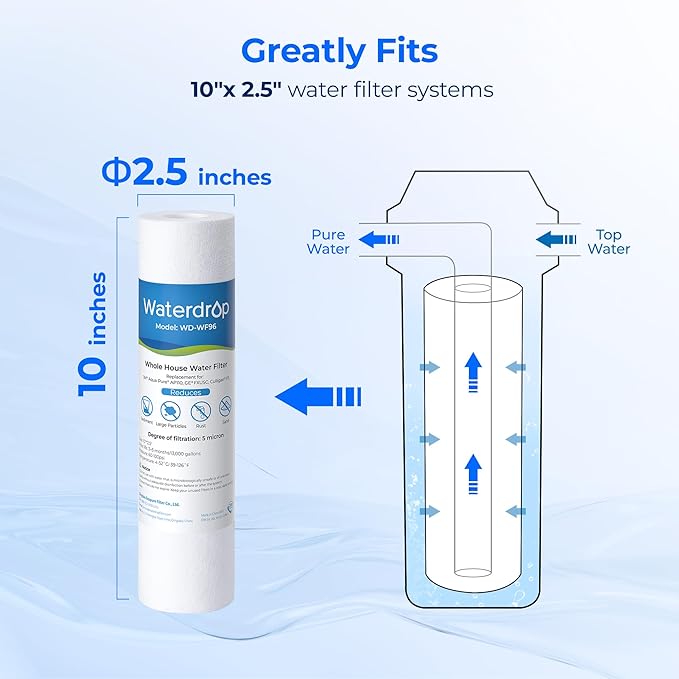 Waterdrop 5 Micron 10" x 2.5" Whole House Water Filter Replacement Cartridge, Sediment Water Filter Replacement for Any 10 inch RO Unit, Aqua-Pure® AP110, Culligan® P5, WHKF-GD05, 4 Pack