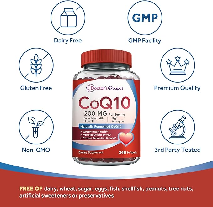 Doctor's Recipes CoQ10 200mg Per Serving, High Absorption Coenzyme Q10 Supplement with Olive Oil, Heart & Vascular Health, Energy Production & Antioxidant Support, 4 Month Supply, 240 Softgels