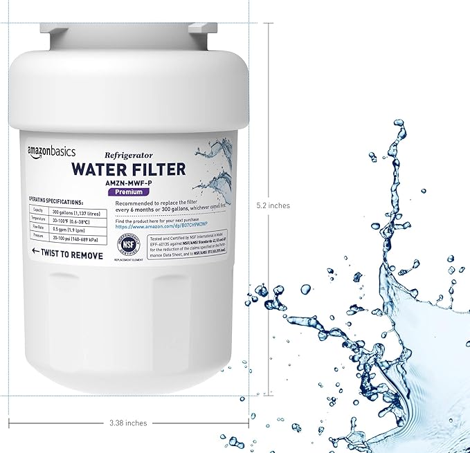 Amazon Basics Replacement Water Filter Cartridge Compatible with GE MWF Refrigerator- Pack of 1, Premium Filtration