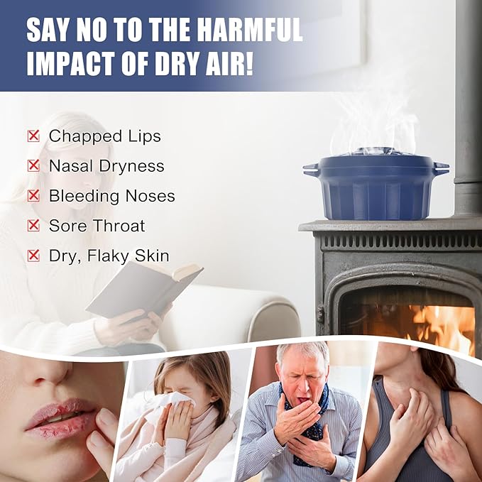 G GOOD GAIN Wood Stove Steamer - Cast Iron Round Bowl Fire Place Stove Humidifier Pot with Large Opening Top for Home Heating Decorative | Matte Finish & 2.7 Quart, Blue