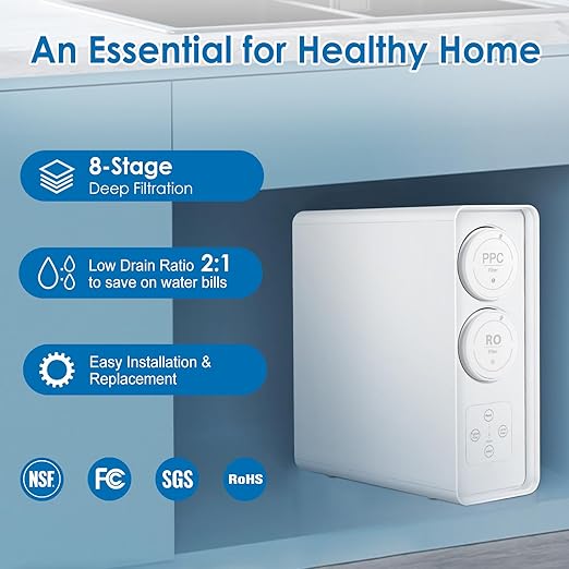 RO System 600 GPD, Under-Sink Tankless Reverse Osmosis Water Filter, 2:1 High Pure to Drain Water-Saving, NSF/FC/SGS Certified, Smart Faucet Reminder, Reduces TDS/PFOA/PFOS