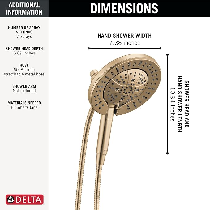 Delta 6-Setting In2ition 2-in-1 Dual Shower Head with Handheld High Pressure ProClean Spray, Brushed Gold Detachable Shower Head with Hose, 1.75 GPM Flow Rate, Champagne Bronze 75655CZ