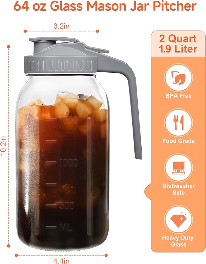 2 Quart Wide Mouth Glass Pitcher with Lid, 64oz Mason Jar Pitcher, Leak-proof Iced Tea Pitcher,Heavy Duty Container for Fridge Sweet Tea,Juice,Cold Brew Coffee,Breastmilk Storage Drinks-1PACK/Blue