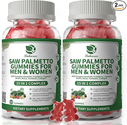Saw Palmetto for Men & Women, 15 in 1 Saw Palmetto Extract Gummies with Pumpkin Seed Oil, Prostate Health Supplements for Men, Advanced DHT Blocker, Hair & Urinary Health Support, 2 Pack
