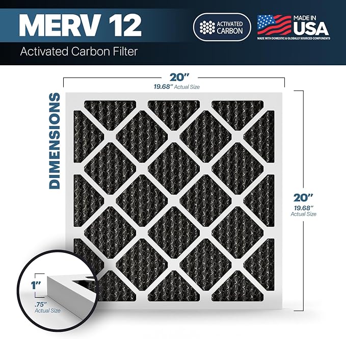 BNX TruFilter 20x20x1 MERV 12 Odor Defense (4-Pack) AC Furnace Air Filter with Activated Carbon - MADE IN USA - Pleated Air Conditioner HVAC AC Furnace Filters - Removes Odor, Mold, Bacteria, Smoke