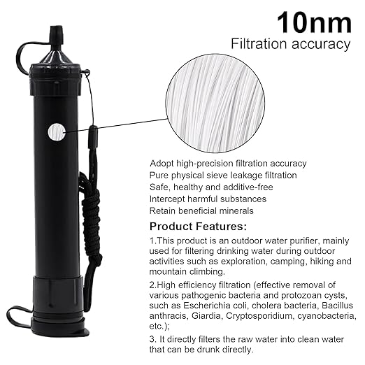 Water Filter Camping, Personal Backpacking Water Filter Straw Portable for Hiking Travels (Black)