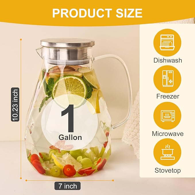 Glass Pitcher with Lid,1 Gallon Glass Water Pitcher Hot/Cold Water Jug, Juice and Iced Tea Beverage Carafe with Lid (Extra-Wide Mouth)